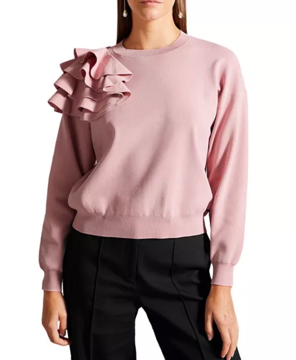 Ted Baker London Debroh easy fit pink sweater with shoulder ruffles